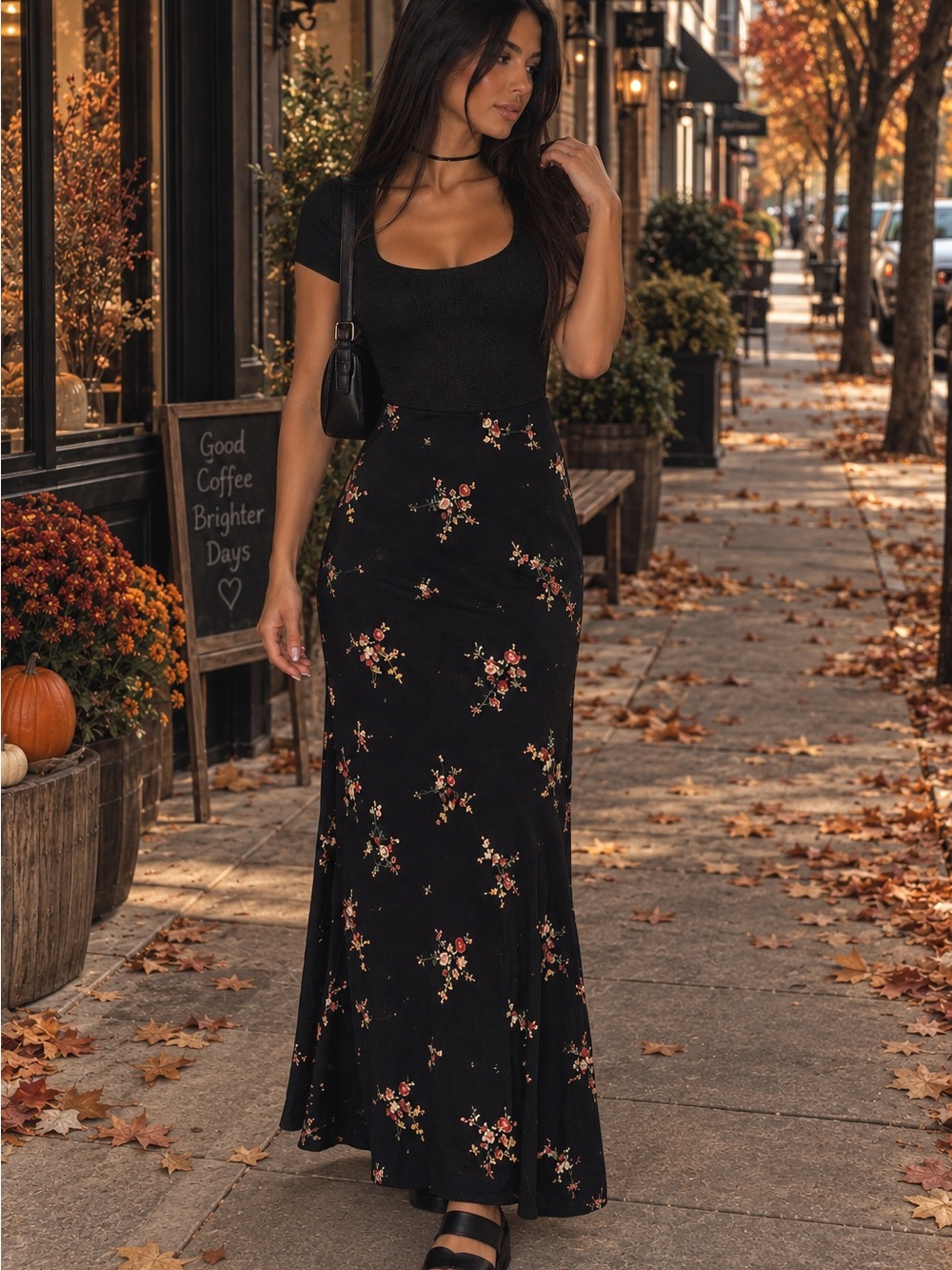 Black 90s Floral Scoop Neck dress